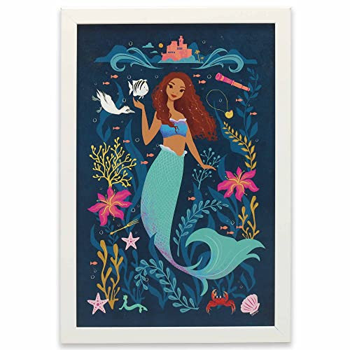 Open Road Brands Disney The Little Mermaid Arielle Blue Floral Framed Wood Wall Decor - Fun Ariel Picture for Kids Bedroom or Playroom