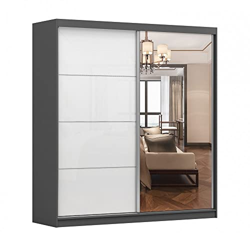 Kleiderschrank M35 mit Spiegel 203 cm, Schwebetürenschrank, Garderobeschrank Schlafzimmer; Wohnzimmerschrank; Korpus Schrank Farbe: Graphit; Farbe der Schrankfront: Weiß Hochglanz- 2 Schiebetüren