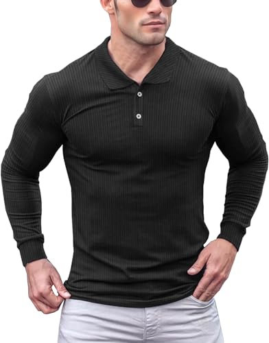 Lehmanlin Men's Muscle Polo Shirts Long Sleeve Casual T- Shirts Slim Fit Stretch Ribbed Golf Tops（Black/S）