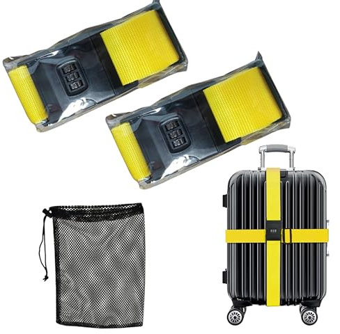 ALTIJARAT INT- 5/220 CM Polypropylene Yellow - 2 Pcs Suitcase Straps With Information Card and Mesh Bag - Password Protected Lockable Luggage Straps for suitcases.