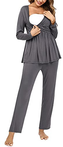 Litherday Ensemble de Pyjama Maternité en Coton Femme Pyjama d'allaitement à Manche Longue Vêtement de Nuit Hiver Chaud Couleur Unie,A Gris Foncé,M-3