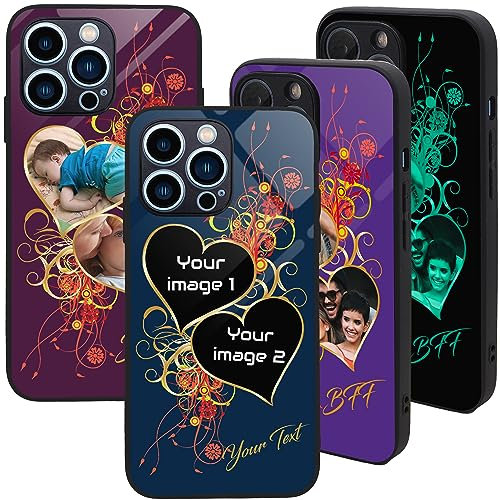 Personalised Case for iPhone 13 Mini, Custom Add Image, Photo, Text -Toughened Glass panel with shockproof TPU Rims | Optional Glow in the Dark | Heart Flower-2 Image