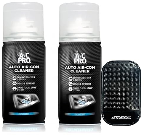 4Tress Air Con Cleaner Pack of 2 x 150ml System Refresh and Disinfect with Antibacterial Fresh Scent and Non Slip Car Dash Mat (4T-ACC-2x)