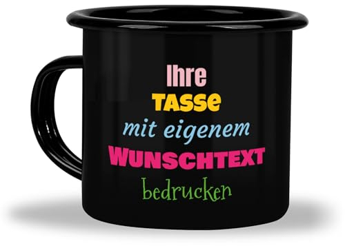 Tassendruck Schwarze Emaille-Tasse personalisieren mit Wunschtext - Geschenke für Camper, Camping Becher personalisiert, Emaille | Personalisiertes Geschenk, Bruchsicher, 300ml