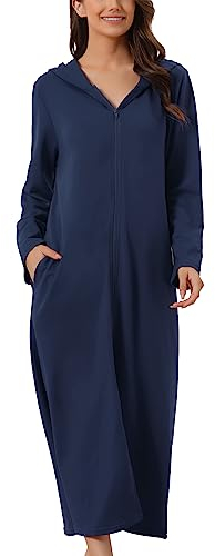 cheibear Damen Robe mit Reißverschluss vorne und Kapuze Hauskleid Nachthemd Hausmantel Kapuzenpullover langer Loungewear Bademantel Navy blau M