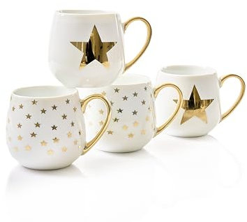 Retsch Arzberg Kaffee- Teebecher GOLD STAR Set 4teilig für 4 Personen/2 Gold-Dekore im Set gemixt/Porzellan/Waterside England by