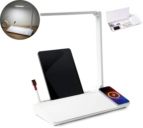 Garood Glas-Schreibtisch-Whiteboard mit Aufbewahrung, kabelloses Ladegerät und LED-Lichtadapter, inklusive Schreibtisch, Whiteboard, Schreibtisch, Whiteboard, Whiteboard, trocken abwischbar