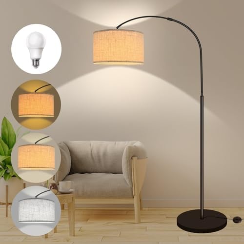 Lámpara de arco para sala de estar con 3 temperaturas de color, bombilla E27 de 12W incluida, pantalla de lino, interruptor de pie, lámpara LED regulable ideal para dormitorio, lectura, oficina, etc