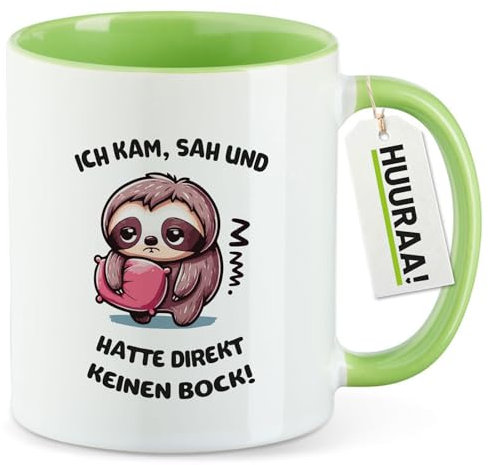 Huuraa Kaffeebecher Kam sah und direkt keinen Bock Faultier Geschenk 330ml Grün Kam sah und direkt keinen Bock Mitbringsel