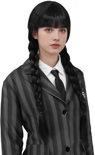 Creamily Perücke für Damen und Mädchen mit langen schwarzen Zöpfen und Pony Damenperücke, Lang, Schwarz, Geflochten, mit Pony, für Familienfeiern, Cosplay, Haarperücke für Halloween-Kostüm