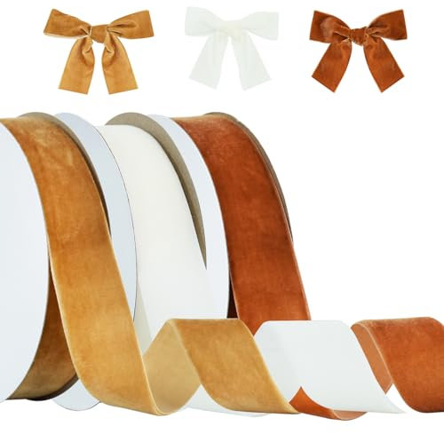 RIBBOOO Braun, Khaki, Weiß Samt Band Set, 3 Farben 2.5cm x 30yd Gesamt für Weihnachtskranz Bogen Dekoration Handwerk Geschenkverpackung Valentinstag Bouquet Wrap