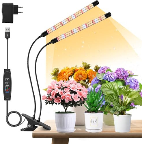 2 cabezas de luces de plantas, V-Shape crecer luces para plantas de interior, de espectro completo crecer luces con clip, automático ON & OFF temporizador 3/9/12H