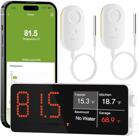 MOCREO WiFi Refrigerator Thermometer Digital Freezer Alarm, Remote Email & App Alert, 2-Year Data Logging, No Subscription, Smart Temperature Sensor for Fridge, Freezer, Hot Tub (2 Pack)
