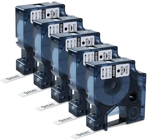 5 x Schriftband kompatibel mit Dymo D1 Etikettenband 9 mm x 7 m, 40913 s0720680 kompatibel mit Dymo LabelManager 160 210D 360D 280 420P Labelpoint 250 100 150, Schwarz auf Weiß