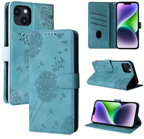 Rostsant Handyhülle für iPhone 14 Plus 6.7 Zoll Löwenzahn PU Leder iPhone 14 Plus 6.7 Flip Case Brieftasche Tasche Hülle Magnetisch Handyhülle für iPhone 14 Plus 6.7 Zoll Blau