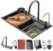 Fregadero De Cascada De Cocina En Acero Inoxidable Negro, Fregadero De Un Seno Con Grifo Extraíble Y Revestimiento Nano, Ideal Para Uso En Cocina Y Barra(Black#A01,75x45cm)