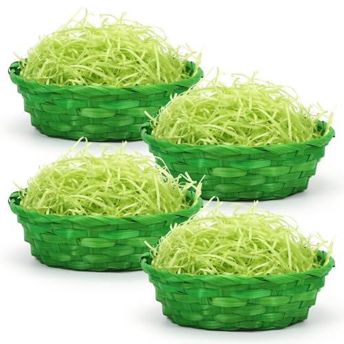 Epokus Cestas de Pascua con Hierba Decorativa, 4 Piezas Cesta de Pascua para Lienar, Cestas de Rafia Verde, Cestas de Mimbre Pascua Hierba para Los NiñOs DecoracióN de Huevos de Pascua