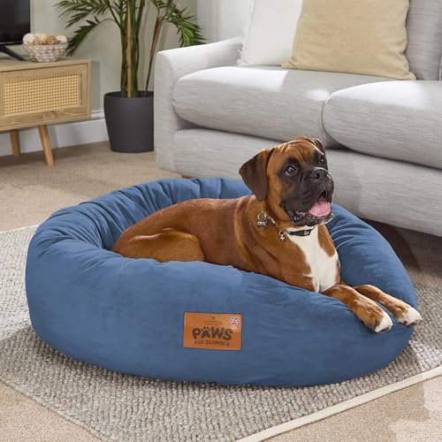 Slumberdown Donut XL Dog Bed - Anti Anxiety & Calming Made in the UK Luxury Cat Bed, Washable Dog Beds for Pets, Kids & Adults - Soft & Comfy Velour Removable Cover, Anti Slip Base, Navy (85cm)