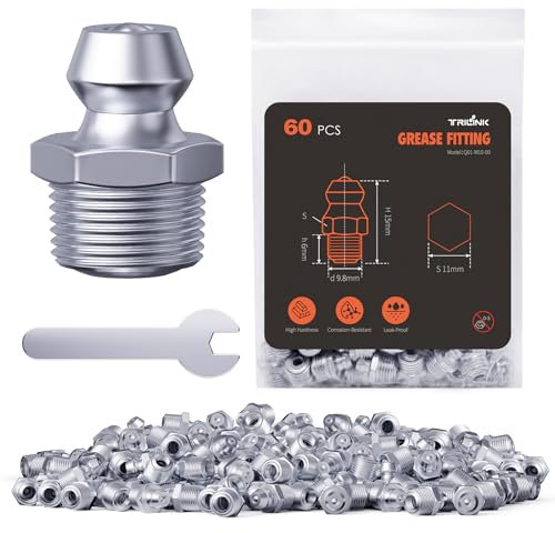 TRILINK Schmiernippel M10, metrische Schmier fittings mit geraden, Schmiernippel-Kit mit Schraubenschlüssel - Ideal für Automotive, Landwirtschafts und Industriemaschinen (60 Stück)