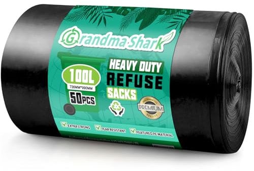 GRANDMA SHARK 100L Heavy Duty Bin Bags, Recycled Material Refuse Sacks, Strong 33 Micron Black Bin Bags, 50 Pack for Home & Commercial Waste Disposal, Durable & Leak-Proof