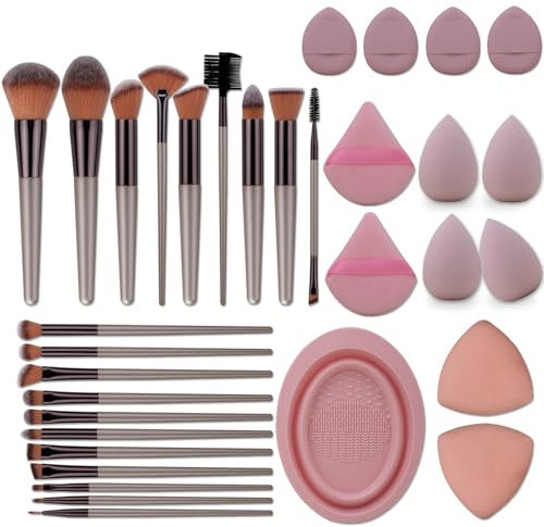 LHLXZQ Ensemble de Pinceaux de Maquillage 33 PCS, avec éponge de Maquillage, Pompon à Poudre et Tapis de Nettoyage, pour fond De Teint Blush Anti-cernes Ombres à Paupières Poudre et Contouring