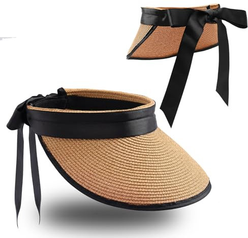 MILAKOO Sun Visor Hut Damen Einstellbar Breite Krempe Cap UV-Schutz Faltbar Stroh Strand Pferdeschwanz Hut mit Band