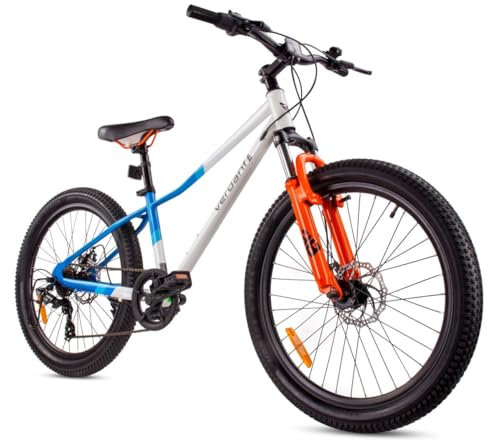 sun baby Jungenfahhrad 24 Zoll von 8 Jahre, Verdant Calix Jungen Bike mit Stahlrahmen, Scheibenbremsen, 7 Gänge, Stoßdämpfer vorne (Weiß Blau Orange)