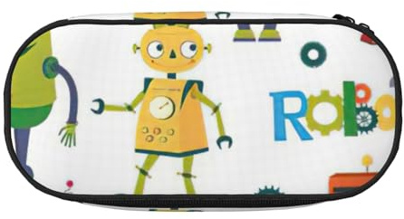 NImongt Federmäppchen mit niedlichem Cartoon-Roboter-Druck, stilvolles Federmäppchen, Schulbedarf, Make-up, Aufbewahrung, Reisen, Büro, Klasse, Schwarz , Einheitsgröße, Taschen-Organizer