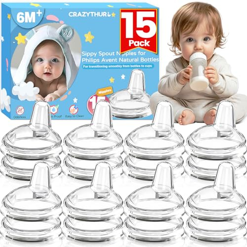 CRAZYTHUR Sippy Spout Nipples(15 Pack), Compatible with Philips Avent Natural Bottles, My Grippy Spout & Natural Trainer Sippy Cup, Leak-Proof, BPA-Free 100% Food Grade Silicone Sippy Cup Nipples, 6m+