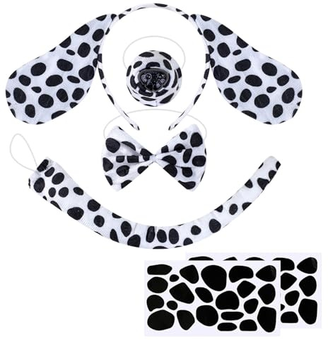 LIULINY 7 Pièces Ensembles Costume Dalmatien, Costume Dalmatien Chien | Bandeau pour Cheveux Nœuds Papillon Queue Faux nez et Autocollants pour Adultes Carnaval Halloween