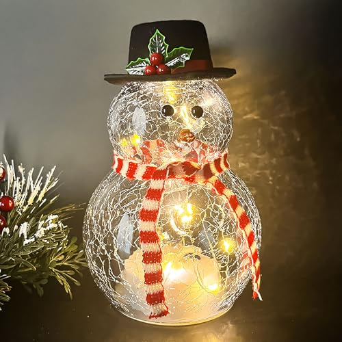 LED Schneemann Deko Glas 19,5cm, Weihnachtsdeko Innen & Aussen, Schneemann Figur Beleuchtet, Weihnachtsfiguren mit Timer, Schneemänner Weihnachtsbeleuchtung, Weihnachten Deko Tisch Figuren Klein