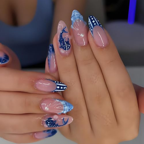 Marine-Inspired Press-On Nails with Stiletto Shape & High Gloss Finish - Soft Pink & Blue Polka Dot Design, Almond False Nails Set with for DIY Manicure, Oceanic Theme