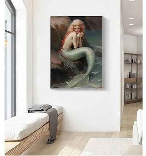 GKUVBF Vintage Poster „Die Meerjungfrau am Riff“ – Legendäre Mythologie – Ästhetisches Leinwandbild für Damen – Moderne Wohndekoration (40x50cm/Rahmenlos)