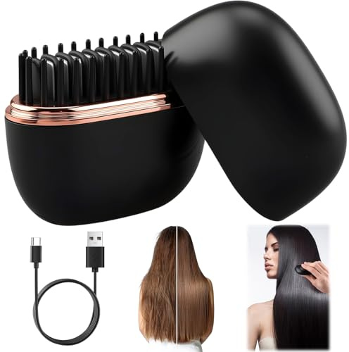 Mini Plancha Alisadora Inalámbrica Recargable, Cepillo Alisador Portátil con 3 Niveles de Temperatura (160°C-200°C), Diseño Compacto y Ligero, Calentamiento Rápido, Para Todo Tipo de Cabello (negro)
