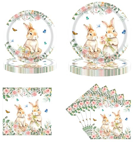 shallyong Pappteller Ostern Servietten Set, 64 pcs Ostereier Tischdeko Set, Osterteller Pappe & Servietten Ostern Frühling, Oster Partygeschirr Bunte Pappteller mit Osterhasen & Ostereier