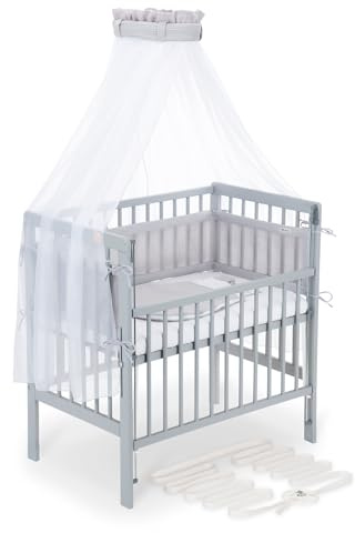 FabiMax Boxspring Baby Beistellbett Flex 90x55, aus Buchenholz grau lackiert, mit innovativem verstellbarem Seitengitter, passend für Boxspringbetten (Matratze Comfort, Komplettset Grau)
