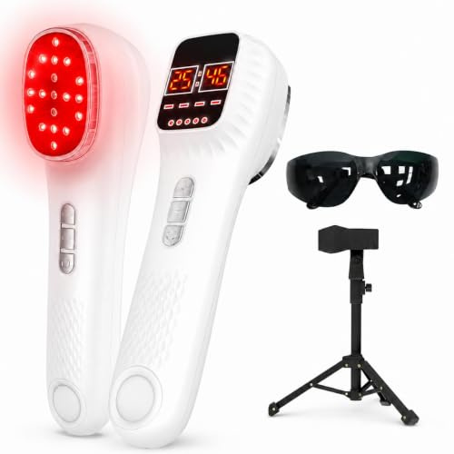 Rotlichtlampe In-frarot Handgeräte mit Ständer, Handgerät mit rotem Licht, 16×650 + 3×808 Vier Betriebsmodi, 4 Stufiges Licht und 12 Stufige Timerfunktion, Inklusive LED Anzeige & Schutzbrille