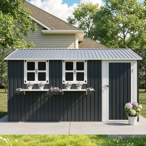 12x9FT Metall Gerätehaus mit Satteldach, Doppeltüren & Blumenregal | Kohlefarbe, 359 x284 cm Geräteschuppen Verzinkter Stahl Gartenhaus wetterfest Schuppen für Terrasse Außenbereich Stauraum