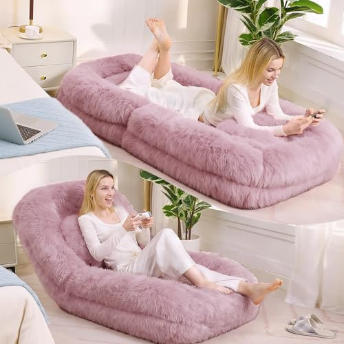 Taikonaut Sitzsack, Bodensessel, Menschen Hundebett aus Plüschstoff, Pink, 5-stufig verstellbares Schlafsofa 90°-180°, Bodenstuhl für Gaming, Lesen, Meditation, Wohnzimmer, 1 Person