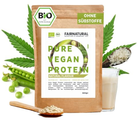 FAIRNATURAL Protein-Pulver VEGAN BIO Neutral, Veganes Proteinpulver ohne Soja [Regional aus Deutschland] 600g veganes 5K Protein ohne Süßungsmittel - Eiweiß-Pulver auch zum Low-Carb Backen ohne Zucker