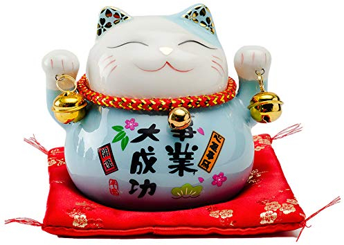 Maneki Neko Glückskatze Glücksbringer Spardose aus Porzellan L12*W9*H10cm,Blau
