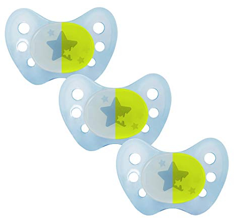 dentistar Night Latex Schnuller 3er-Set – Größe 2, 6-14 Monate – Zahn- & kieferfreundlicher Leuchtschnuller für die Nacht – Blau mit Stern-Motiv, leuchtet im Dunkeln – Made in Germany