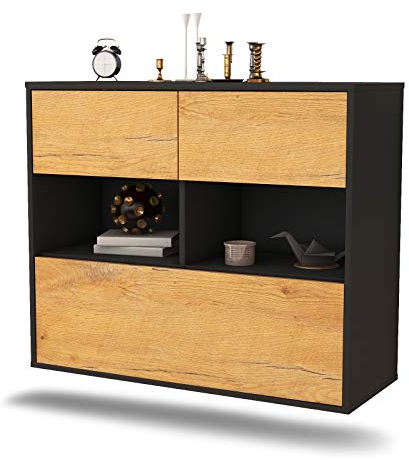 Dekati Sideboard Newport News hängend (92x77x35cm) Korpus anthrazit matt - Front Holz-Design Eiche - Push to Open