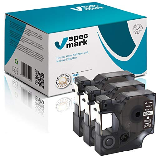 specmark Passend für DYMO D1 45021 S0720560 Schriftband 12mm x 7m Satz x 3 St. Weiß auf Schwarz Kompatibel mit LM LabelManager LP LabelPoint LW LabelWriter DUO