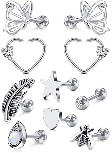 Funseedrr 10stk Tragus Helix Piercing Ohrring Stecker Edelstahl 16G 6mm 8mm Ohrpiercing Knorpel Daith Conch Rook Piercing Schmuck Silber
