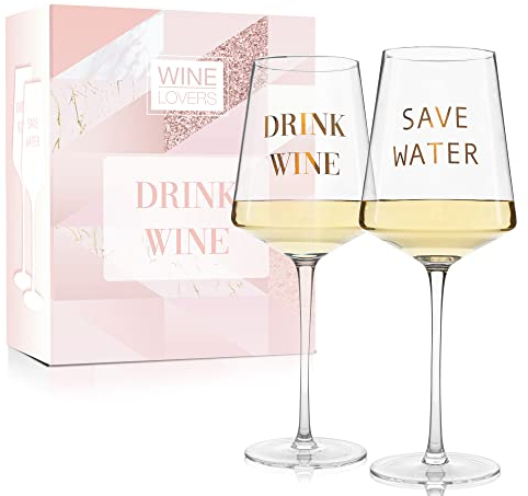 ILP 2er Weinglas 550ml Set XXL Weinglas Geschenkset Wein Geschenk mit witzigem Weinglas Spruch „Save Water Drink Wine“ - Geschenkset Wein für Paare Frauen Männer