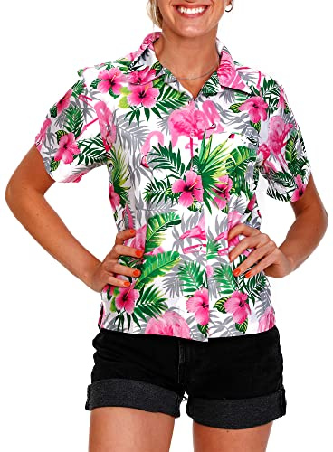 King Kameha Hawaii-Bluse-Hemd Damen Kurzarm Front-Tasche Stylish Funky Flamingos Floral
