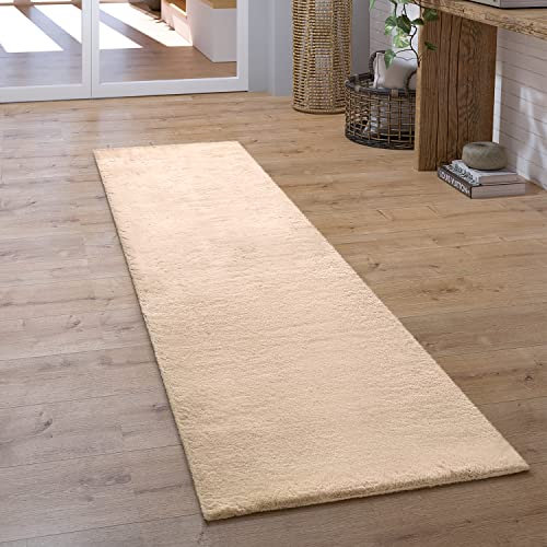 Paco Home Teppich Läufer Hochflor Wohnzimmer Flur Flauschig Schlafzimmer Fell Kunstfell Modern Fellimitat Einfarbig, Grösse:100x200 cm, Farbe:Sand
