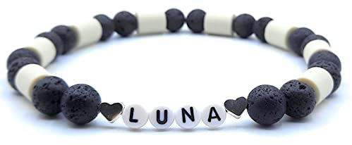 EM-Keramik Halsband für Hunde mit Namen – handgefertigt & personalisierbar – natürlich – Herzperlen Silber – individuell graviert