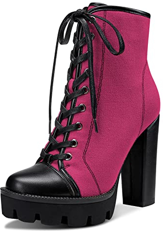 Castamere Donna Chunky Blocco Alto High Tacco Heel Piattaforma Stivaletti Rotonda Punta Lacci Cerniera Stivali Rosa 41 EU